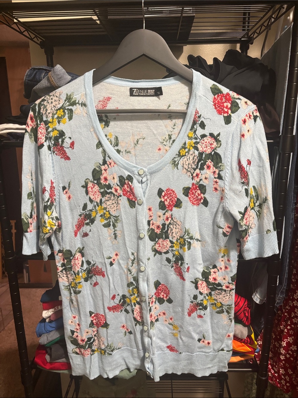 New York & Company Light Blue Floral Button-Front Cardigan